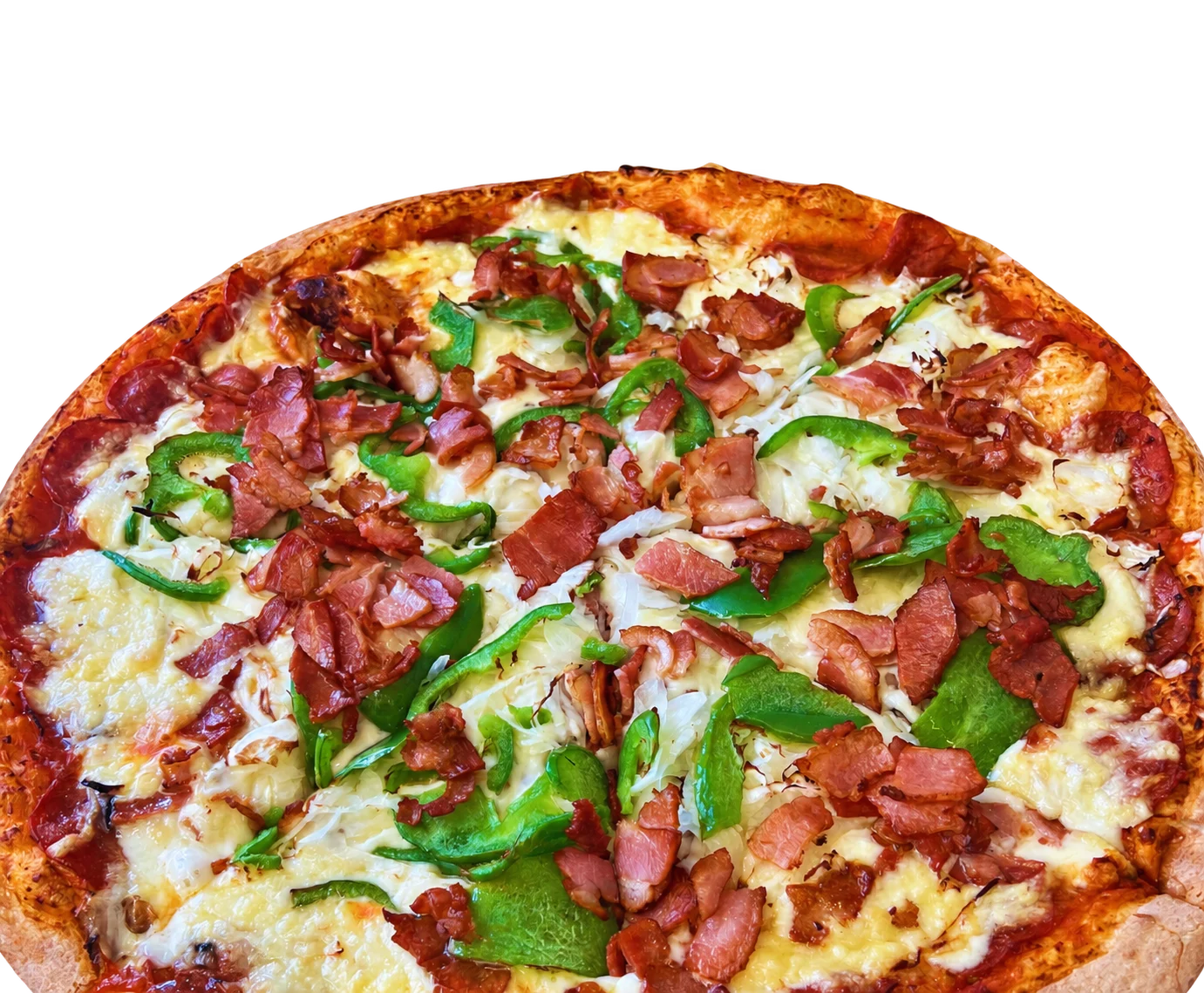 Pizza Jacques Cartier garnie de bacon, de piments verts et d’oignons